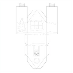 Printable outline template of a winter Christmas paper house with chimneys, snowy roof, windows and tree. Cut, fold and glue to assemble a 3D holiday house or gift box.