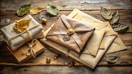 Autumnal Treasures  A Collection of Wrapped Gifts and Aged Envelopes Resting on a Rustic Wooden Surface