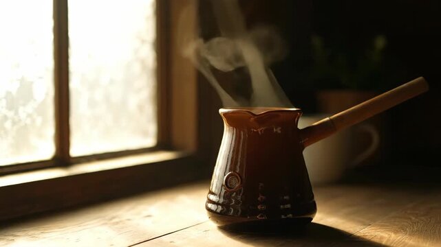 Steaming cezve on wood table near window with sunlight, closeup.