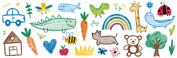 Kids drawing set, hand drawn doodle vector illustration collection, childrens colorful scribbles with dinosaurs, cars, sun, animals, and flowers, realistic pencil texture, perfect for educational, 