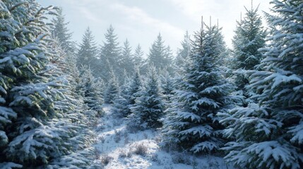 Christmas tree farm covered in snow,