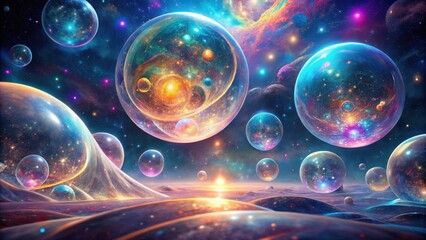 A Serene Cosmic Landscape Featuring Numerous Translucent Spheres Containing Miniature Galaxies and Nebulae, Illuminated by a Distant Sunrise