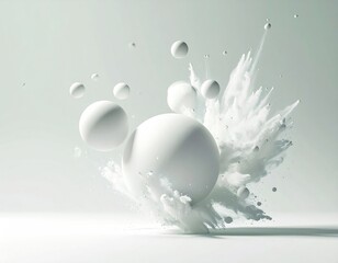 White spheres, powder explosion, soft light, airy aesthetic