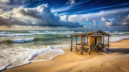 A weathered beach shelter stands solitary on a sandy shore, waves rolling in under a dramatic sky