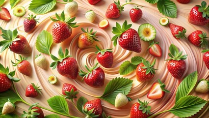 Swirling Cream and Luscious Strawberries A Delightful Culinary Composition Featuring Fresh Berries and Creamy Texture