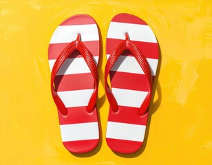 Striped flip-flops on a bright yellow textured background