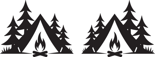 Fototapeta premium Two identical camping scenes with tents campfires and pine trees on white vector illustration
