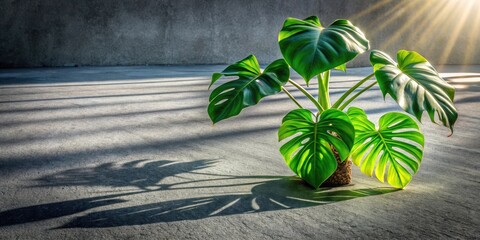 A vibrant tropical plant thrives in sunlight, casting dramatic shadows on a textured surface
