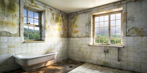 A neglected bathroom with water damage, mold, and a vintage bathtub; sunlight streams through two windows overlooking a tranquil landscape