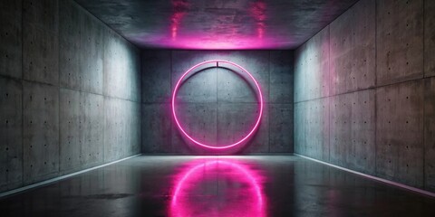 Abstract Pink Neon Circle in a Modern Concrete Room with Reflective Floor