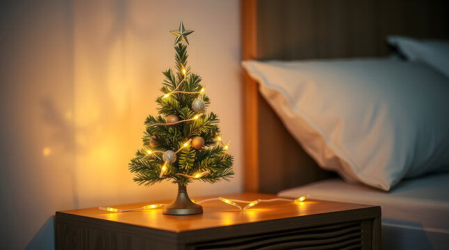 Small decorated christmas tree with warm fairy lights on a bedside table next to a bed, christmas, tree, small, miniature, decorated, ornaments, lights, fairy lights, twinkling, warm, glow