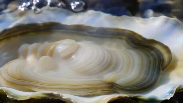 Macro shot of a raw oyster, detail of its meat and shell, with blurred background, for food imagery