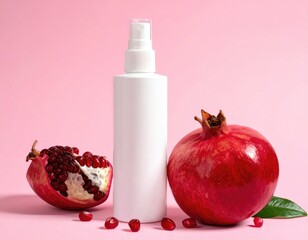 Pomegranate with cosmetic bottle against pastel backdrop