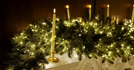 Peaceful scene with flickering candles and evergreen surroundings - Powered by Adobe