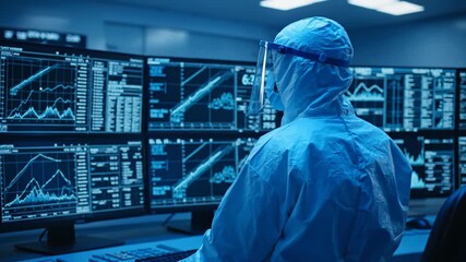 A scientist in PPE analyzes complex data on multiple screens. This high-tech lab setting shows dedicated research and development. - Powered by Adobe