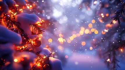 Holiday decorations with glowing bokeh and snowy setting