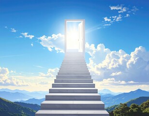 Stairway ascends to open door in bright sky