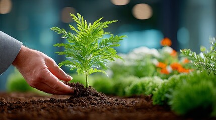 A person's hands planting a young tree sapling in rich soil, with a business suit jacket draped nearby. This symbolizes sustainable business, ESG investing, and green initiatives