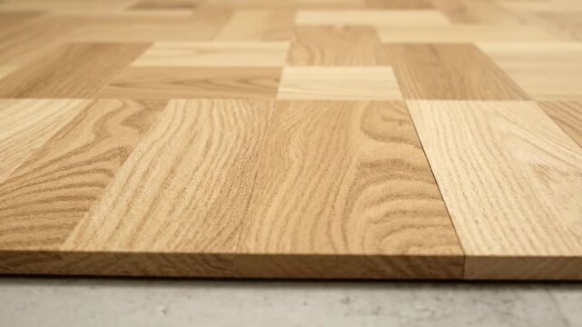 Close-up view of a beautiful light wood parquet floor. Natural wooden planks display intricate grain patterns.