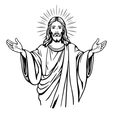 Classic religious line illustration of Jesus Christ with a benevolent face, arms open in a welcoming gesture, robes draped elegantly, a radiant halo surrounding his head, and divine rays extending beh