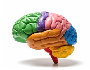 Multicolored brain model, side view, white background