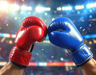 Red & Blue Boxing Gloves touching, stadium lights & crowd