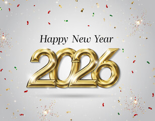 Happy New Year 2026 typography design, elegant gold 3D numbers, sparkling confetti, clean white background, premium festive style,