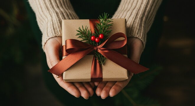 Hands holding a wrapped gift with a brown ribbon and greenery with red berries on top - Powered by Adobe