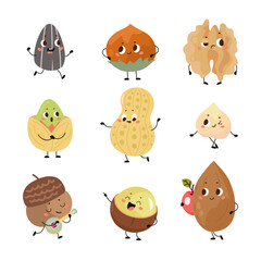 Nuts characters. Funny seed nut different poses and cute emotional faces. Cartoon beans, pistachio, acorn, peanut. Healthy food, snacks to go, nowaday vector set