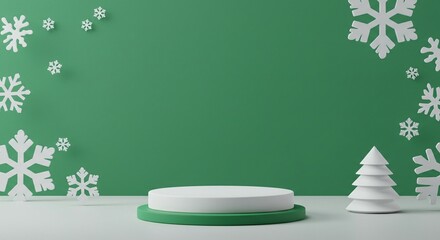 Festive winter scene with white snowflakes, a green background, and a product display podium