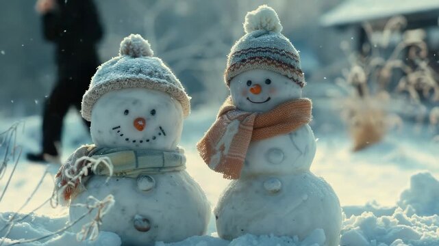 Delightful snowmen embrace winter magic, bundled up against the chill.