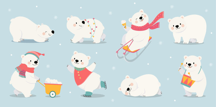 Funny polar bear. White bears sledding, skating, walking with garlands, sleeping. Funny north pole animal various poses, cartoon nowaday vector characters