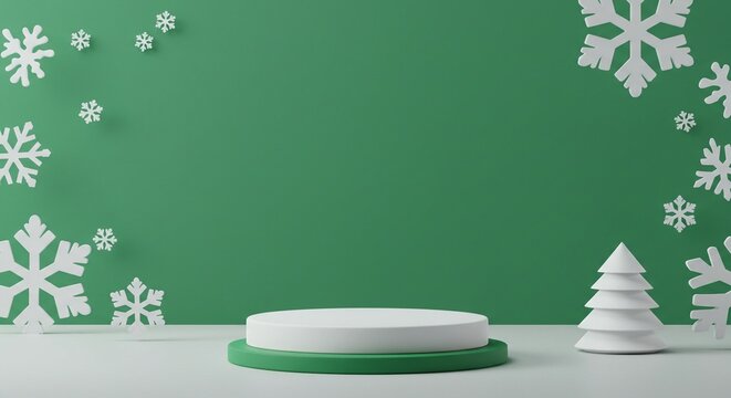 Festive winter scene with white snowflakes, a green background, and a product display podium