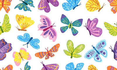 Sketch pencil butterfly seamless pattern. Butterflies children style drawn with bright ornaments. Isolated flying summer spring insects neoteric vector background