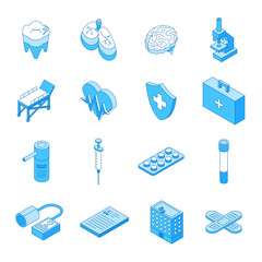Healthcare outline isometric elements. Medicine icons, human inner organs, brain lungs tooth. Pharmacy, hospital equipment and building, nifty vector clipart