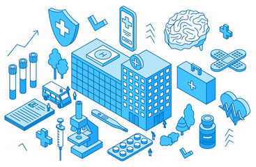 Isometric medical concept. Hospital or clinic building, ambulance cars, medicine tools and pharmacy elements. Pills, syringe, telemedicine, nifty vector scene