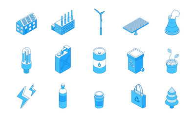 Outline isometric ecology icons. Eco lifestyle, alternative power. Green energy, solar panel, clean oil and recycling. Global warming problems solve, nifty vector set