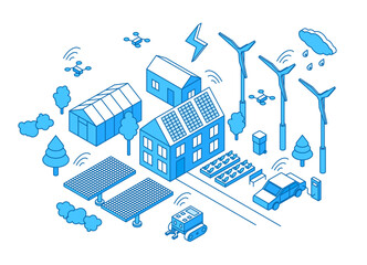 Isometric smart grid home. Modern lifestyle, countryside house with clean energy. Independent closed farm with plants, solar panels, wind turbines, nifty vector scene