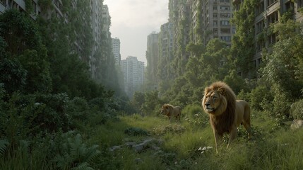 Obraz premium Lions in overgrown city buildings, urban jungle with vegetation-covered street, concept of post apocalypse after global war