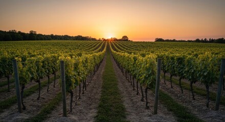 Naklejka premium Vineyard rows stretch towards the setting sun. Golden light bathes the lush green landscape