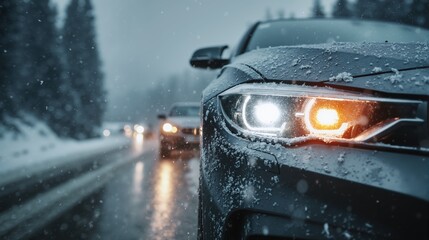 Wintry road adventure with snow-covered cars and illuminated headlights on a frosty forest highway