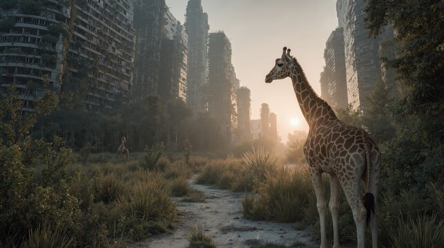 Giraffes are an overgrown urban ruinscape at sunset, exploring nature's reclamation of abandoned city buildings