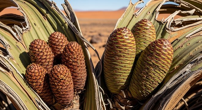 Desert plant cones show scale patterns and arid landscape.