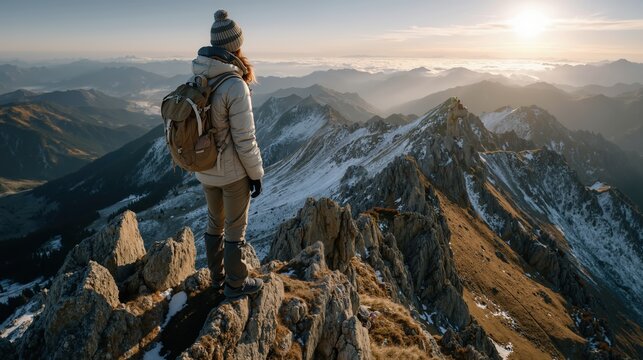 Woman in winter gear hiking on rocky mountain peak with stunning sunrise and snow-capped landscape in scenic misty morning