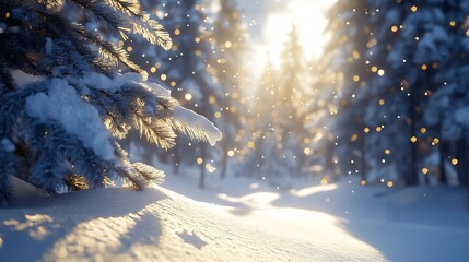 Bright winter scene with glowing snow and pine branches