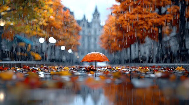 Vibrant orange umbrella rests on a rain-soaked pathway lined with colorful autumn leaves and trees beneath a cloudy sky in an urban setting illuminated by soft streetlights