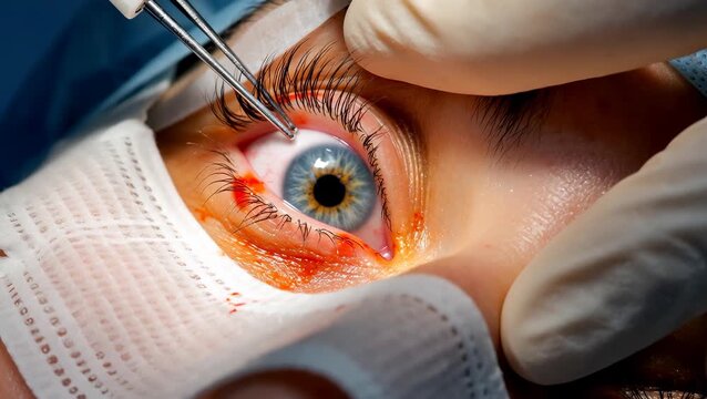 Close-Up of Eye Surgery Procedure with Surgical Tools and Focus on Eyelashes