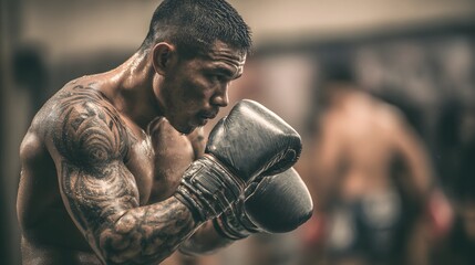 Realistic muay thai coach holding pads, dynamic training scene