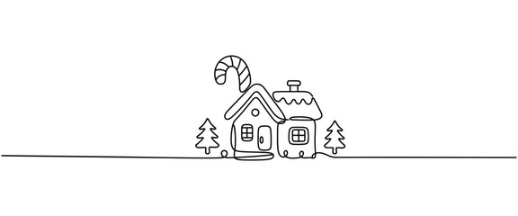 Minimalist one-line illustration of a cute Christmas house with trees and candy cane