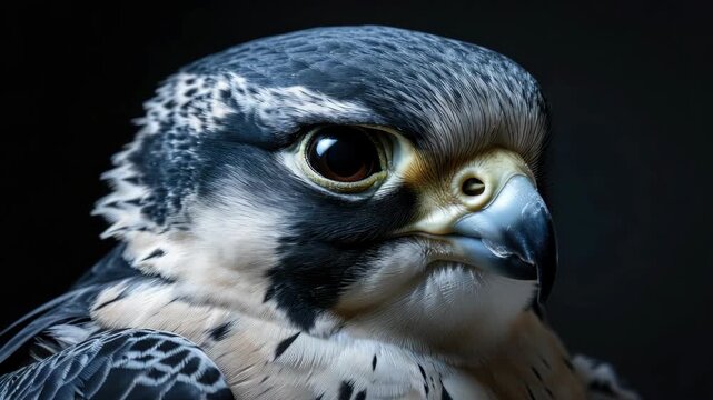 A detailed view of the head of a bird of prey with sharp eyes and beak.